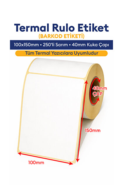 Barkod Etiketi 100 X 100 500'lü Termal Etiket Rulosu 100x100 Sticker 500 Adet Sarım 100x100